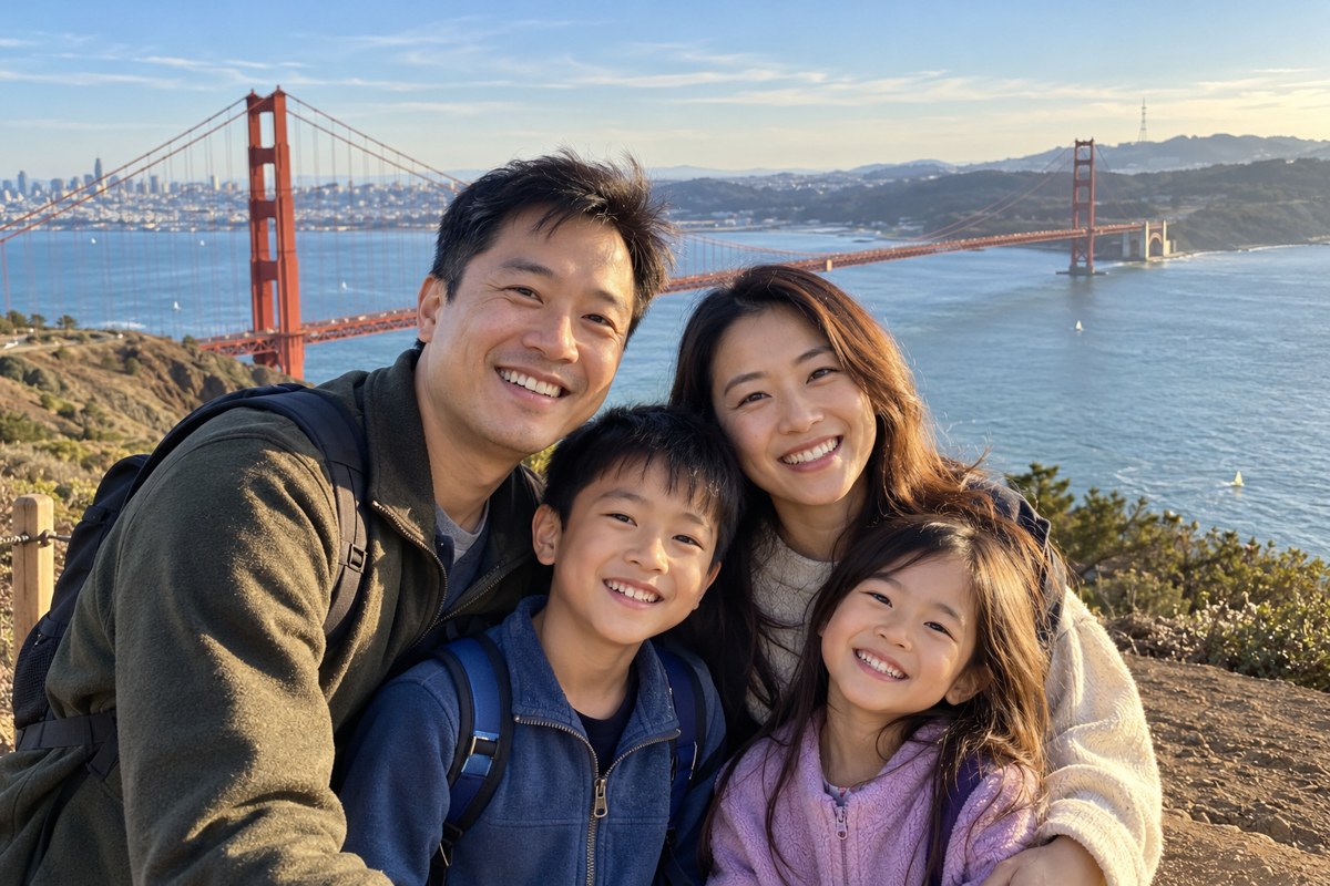 Family outing by the Golden Gate Bridge with a date and place stamp